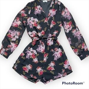 Tobi chiffon floral print faux wrap romper, long slit sleeve, lined, XS